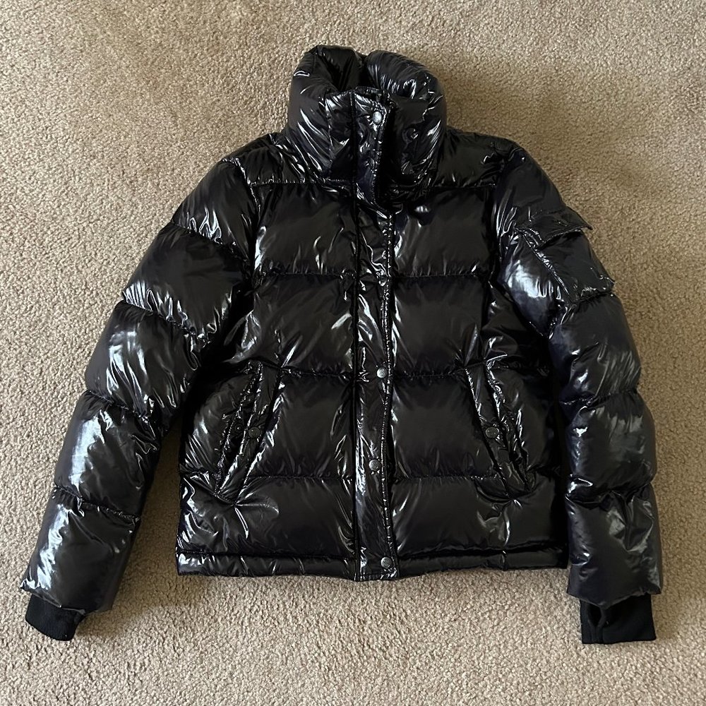 S13 Women's Ella Onyx Black Gloss Short Down Puffer Coat Detachable Hood XS